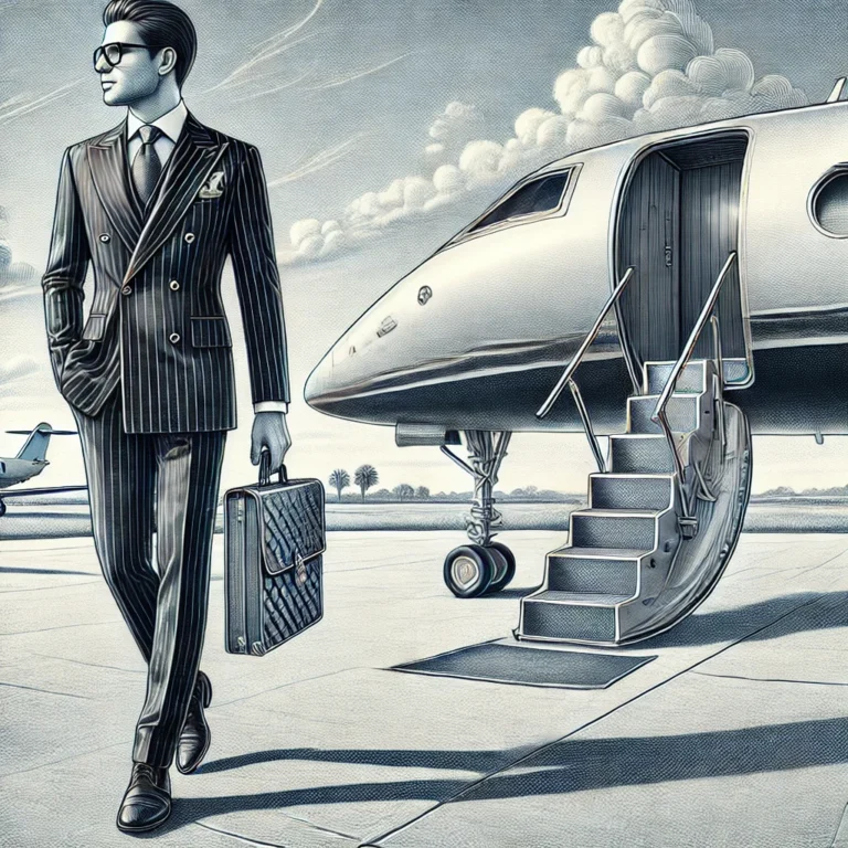 a man in a suit walking by an airplane